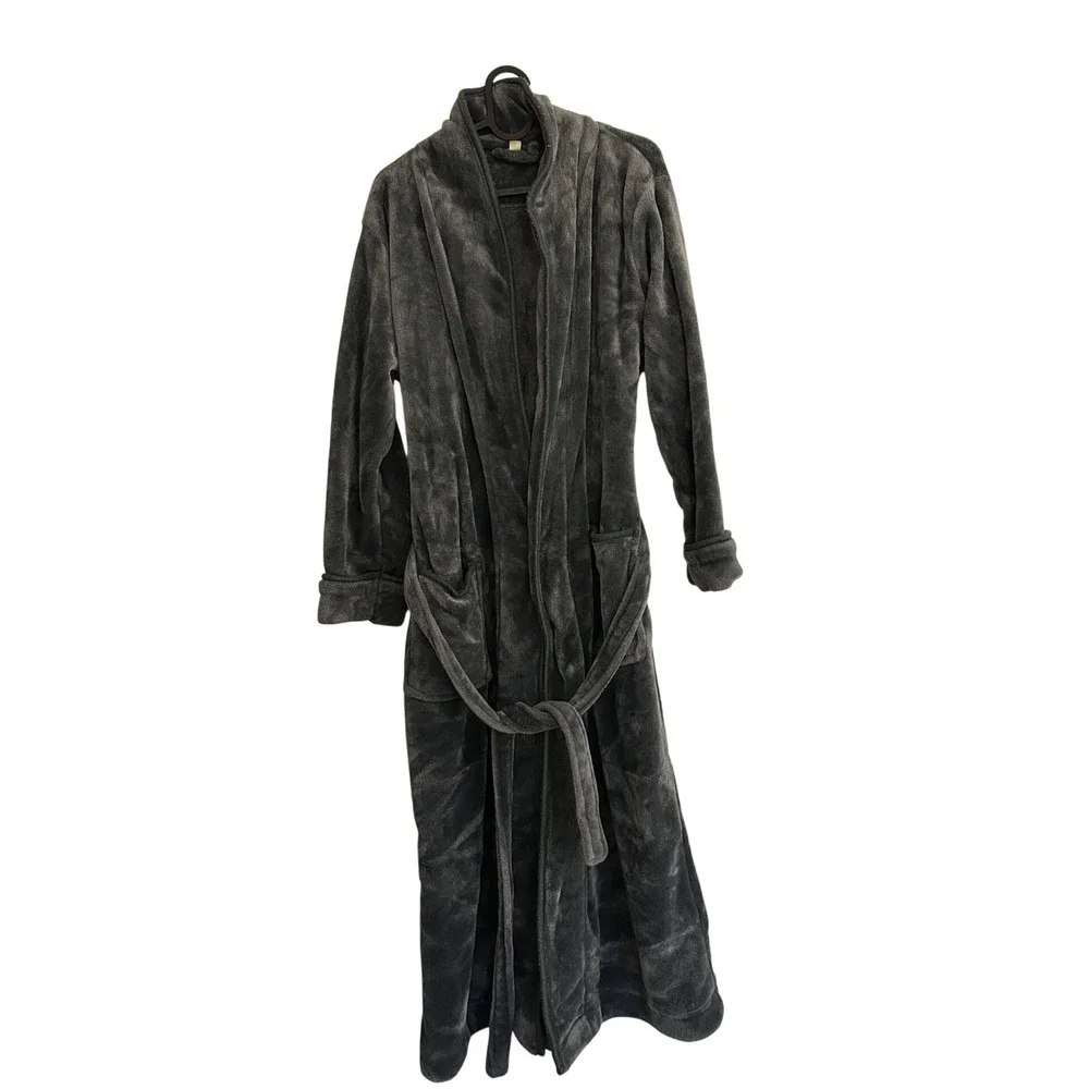 NY Threads Fleece Robe Mens Large Charcoal Grey Excellent Plush Shawl Collar L